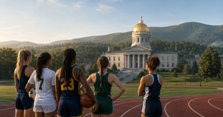 Female student-athletes stand on a running track facing the Vermont State House in Montpelier